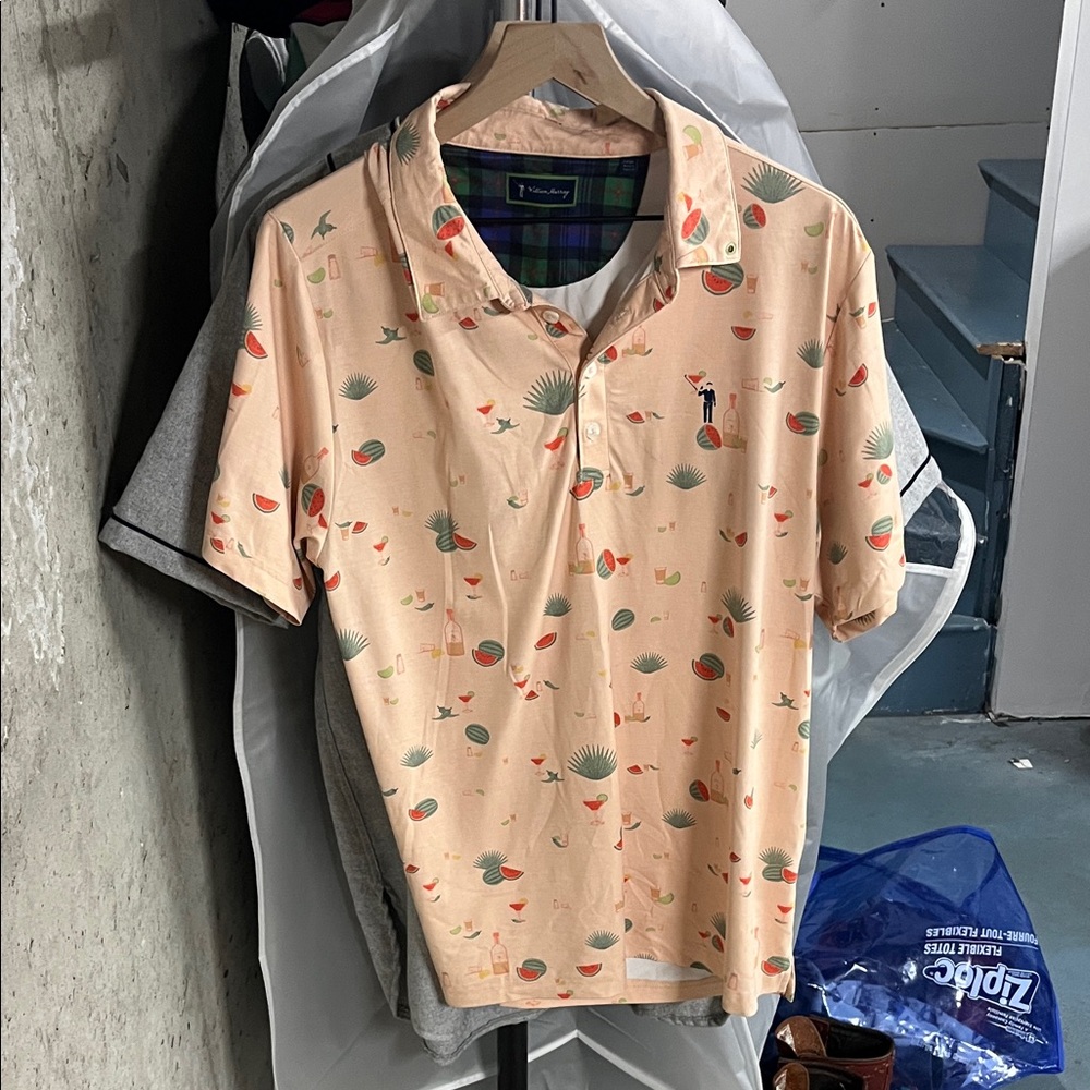 William Murray Golf Peach Printed Polo with Tropical Motif